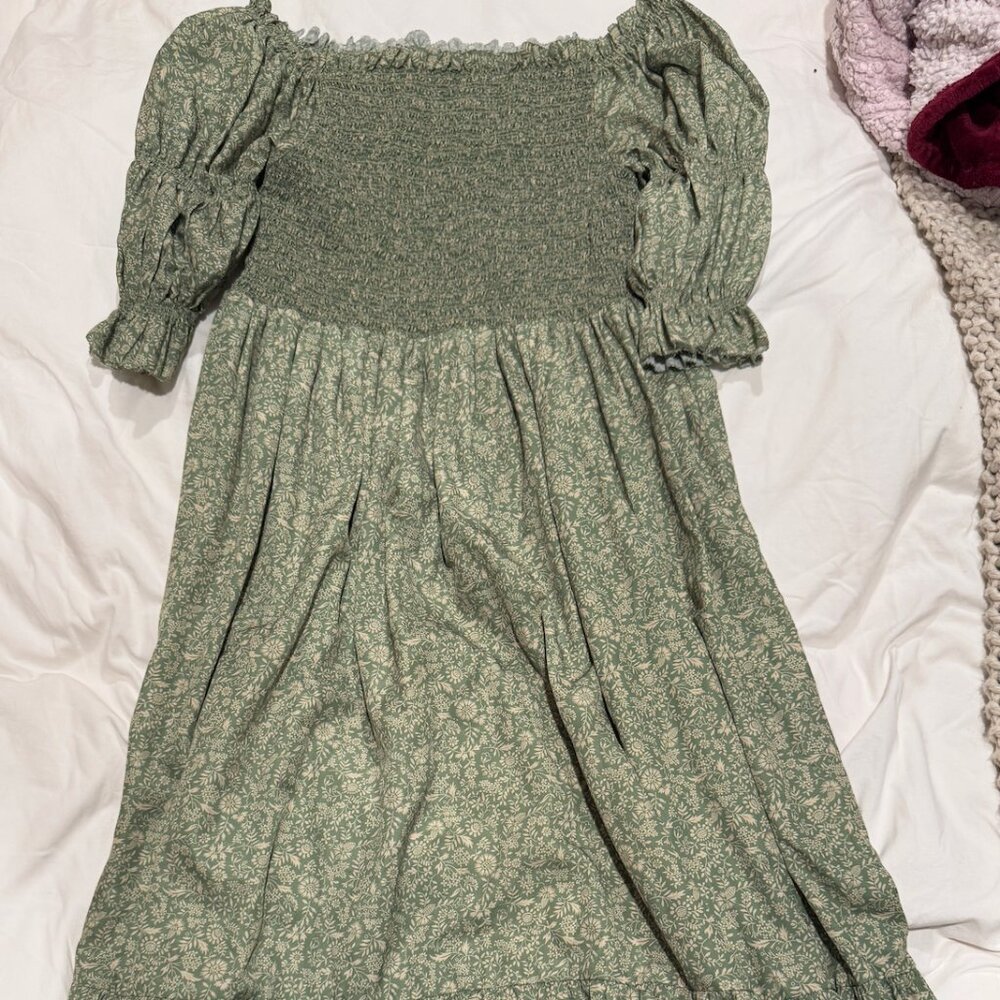 O.P.T Green Floral Smocked Midi Dress Puff Sleeve Cottagecore Size L